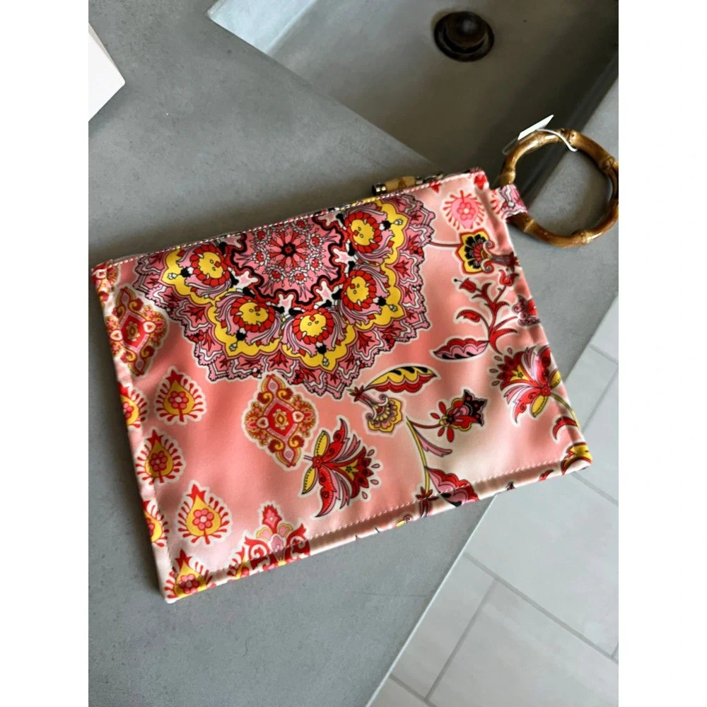 Bonfanti Pink Paisley Floral Bamboo Handle Clutch Bag Boho Summer Festival NWT